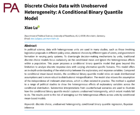 Xiao Lu, “Discrete choice data with unobserved heterogeneity: A conditional binary quantile model”, Political Analysis, Vol.28, No.2, 2020, 147-167.